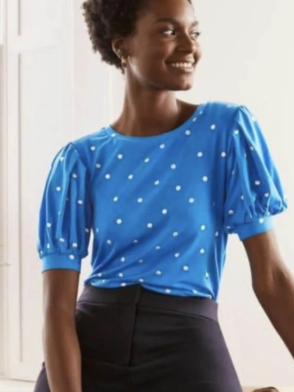 Boden Blue Silver Polka Dot Holly Puff Sleeve Jersey Short Sleeve Top - Picture 1 of 6